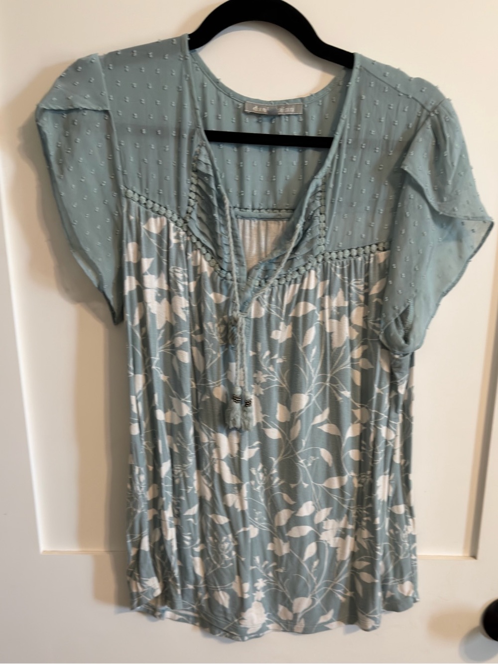Daniel Rainn Sage Green & White Floral Tie-Front Peasant Top